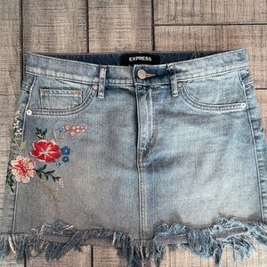 Express Light Blue Denim Skirt with Red Floral Embroidery